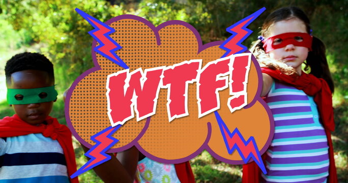 Image of the wtf! text written over cartoon retro speech bubble with children dressed as superheroes