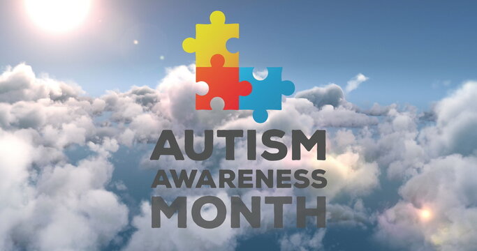 Image of puzzle elements forming square autism awareness month symbol with sun, clouds and blue sky