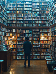 Obraz premium Librarian arranging books tall shelf vintage library wooden floor academic archive back view knowledge room study solitude organization interior wisdom literature research education silence calm order