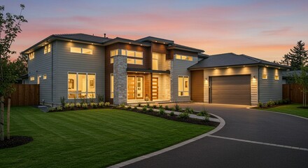 Obraz premium Elegant Home Image, Beautiful New Home Exterior at Twilight