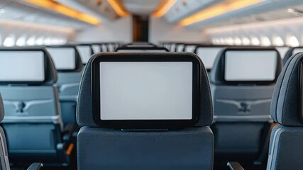 An empty airplane interior features rows of seats with video screens attached to the back, highlighting a modern travel environment.