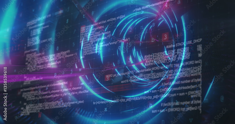 Poster image of digital interface data processing with network of connections in blue glowing tunnel