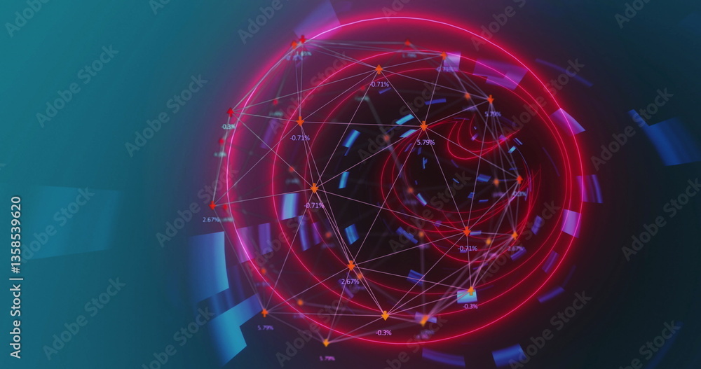 Poster image of digital interface with network of connections with glowing pink tunnel
