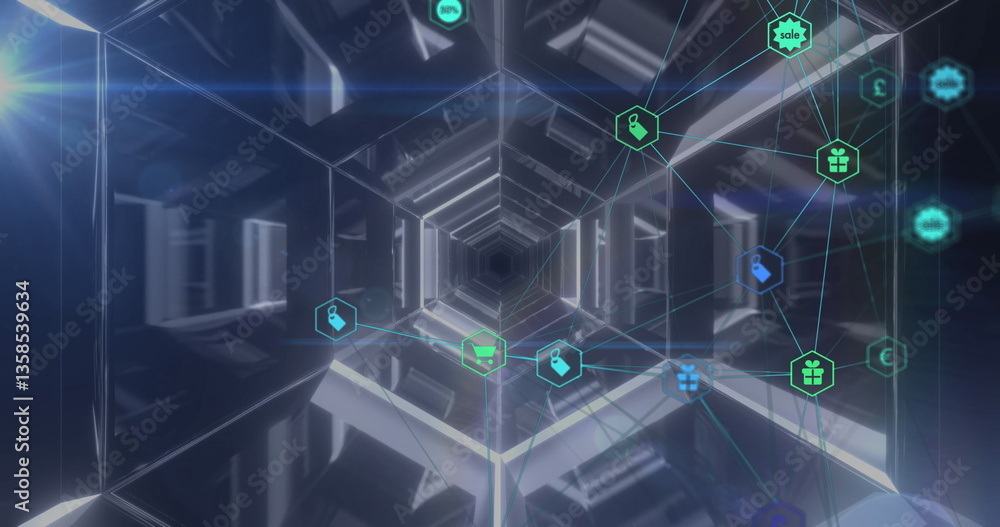 Poster image of digital interface with network of connections and icons in glowing tunnel