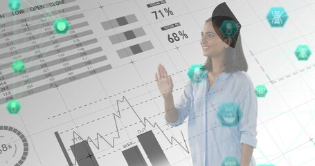 Image of interface with medical icons network of connections over woman using virtual reality screen