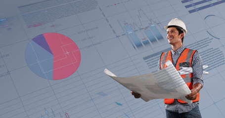 Image of interface with statistics recording over male architect holding plans