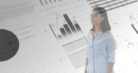Image of financial data processing over woman using virtual reality screen, statistics recording