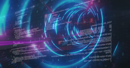 Image of digital interface data processing with network of connections in blue glowing tunnel