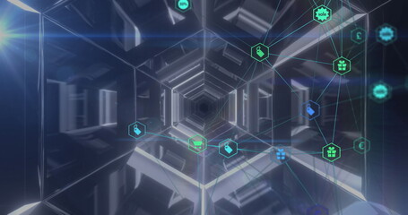 Image of digital interface with network of connections and icons in glowing tunnel