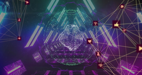 Image of digital interface with globe of network of connections in glowing tunnel