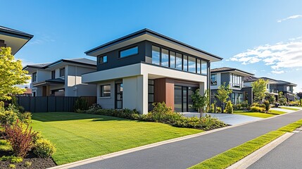 Contemporary residential neighborhood, sleek houses with flat roofs and large windows, clean streets and lawns, sunny day, sharp and vibrant tones. 