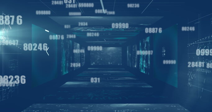 Image of interface with numbers changing, digital screens over statistics recording