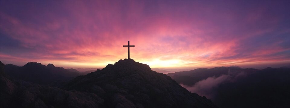 Silhouette of Christian cross on mountain peak at dramatic sunset. Easter, Good Friday concept. Spiritual landscape for religious holiday, faith inspiration - Powered by Adobe