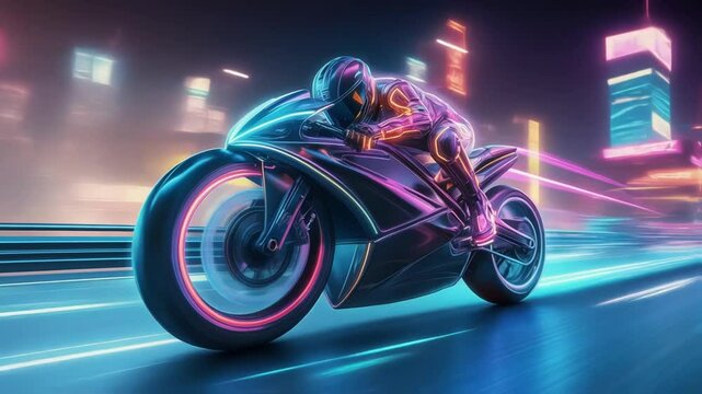 A closeup of a sleek bike racing past the rider adorned in hightech gear featuring glowing elements that match the bikes colors. The background is a blur of neon reflections emphasizing