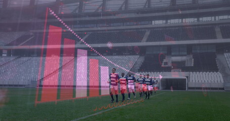 Image of coronavirus cells and diagram floating over multi ethnic group of male rugby players with a