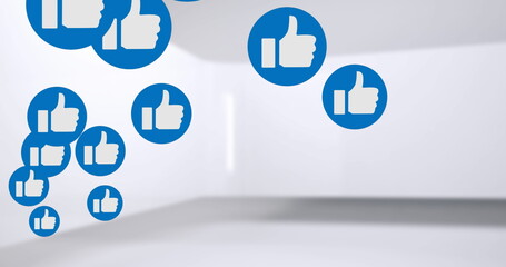 Image of multiple thumbs up like icons moving against white background