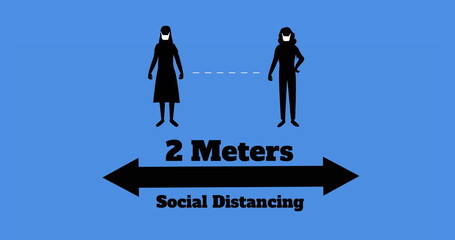Image of people wearing face masks social distancing and arrow on blue background