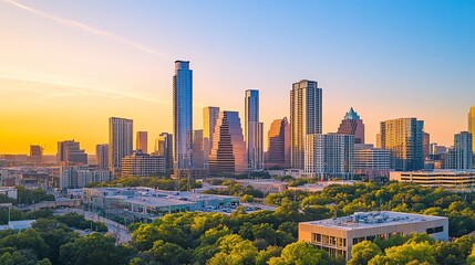 Fototapeta premium City skyline at golden hour with tall buildings and lush green trees in foreground