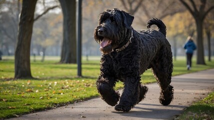 Black Russian Terrier and Owner Enjoying a Jog Together in the Park