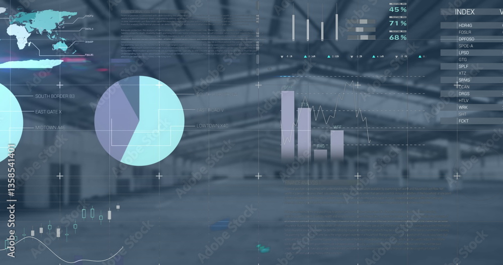 Poster image of data processing and world map over empty warehouse
