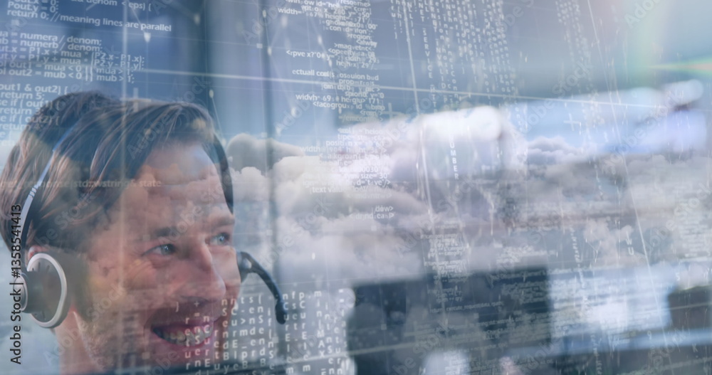 Aufkleber image of businessman talking on phone headset over network of connections and data processing