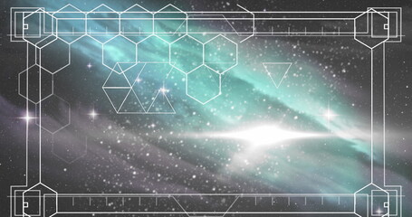 Image of white frame with markers and hexagons over glowing stars on night sky