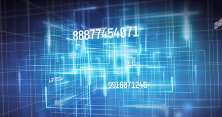 Image of numbers changing and data processing over glowing grid