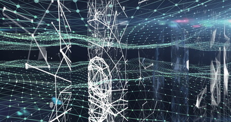 Image of network of connections over glowing green mesh