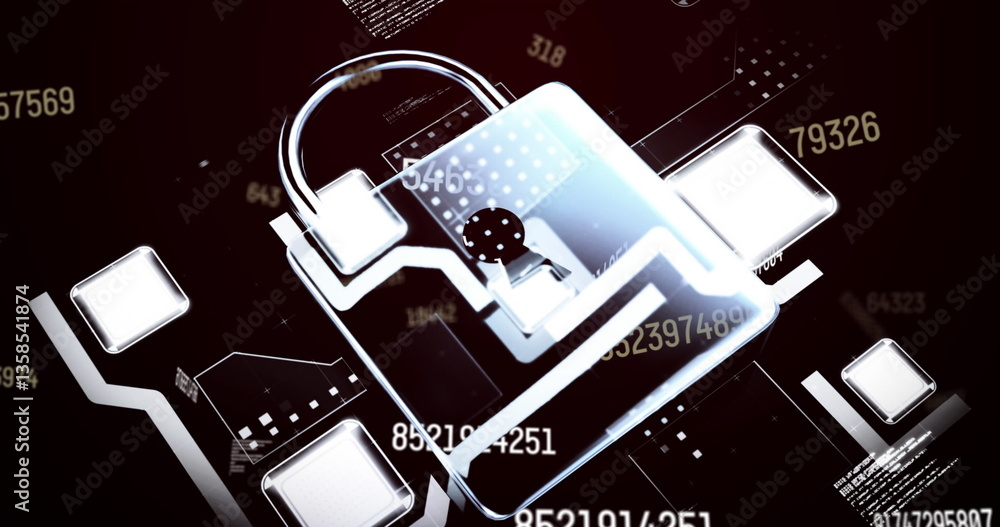 Poster image of online security padlock over number changing and data processing