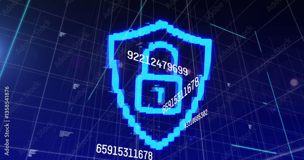  image of online security padlock with numbers changing and data processing over grid