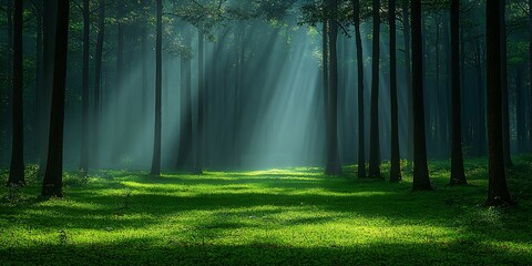 Beautiful forest scene with sunlight streaming through the trees