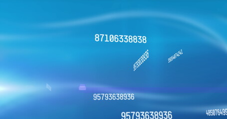 Image of numbers changing and data processing over glowing blue background