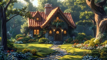 Obraz premium Charming Cottage in the Woods: A picturesque stone cottage with a red-tiled roof nestled in a lush, sun-dappled forest, exuding warmth and tranquility.