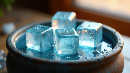 Stack of melting ice cubes covered with snow in rustic bowl outdoors in winter sunlight	