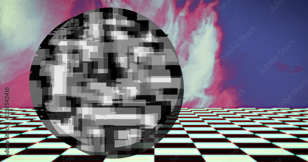 Poster circle of grey pixelated blocks over colourful blur with moving checkerboard squares below