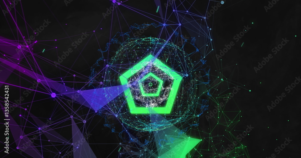 Poster green concentric hexagons on 3d structure in sphere with purplel shapes floating on black background