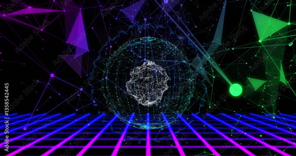 Aufkleber 3d structure turning in sphere purple and green shapes floating with blue grid moving below