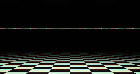 Image of stripes with red and white moving above black and white checked surface