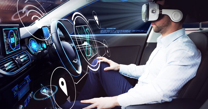 Image of digital icons over businessman wearing vr headset in self driving car