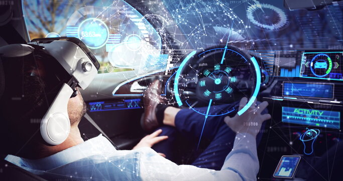 Image of digital icons over businessman wearing vr headset in self driving car - Powered by Adobe