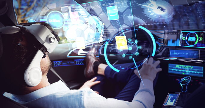 Image of screen over businessman wearing vr headset in self driving car