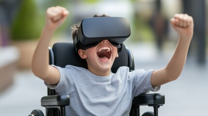 Excited disabled child in wheelchair using VR headset, arms raised in joy, celebrating virtual reality experience.