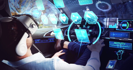 Image of digital icons over businessman wearing vr headset in self driving car