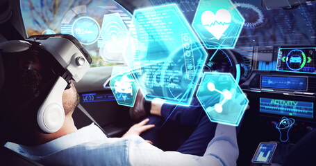 Image of digital icons over businessman wearing vr headset in self driving car