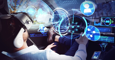Image of digital icons over businessman wearing vr headset in self driving car