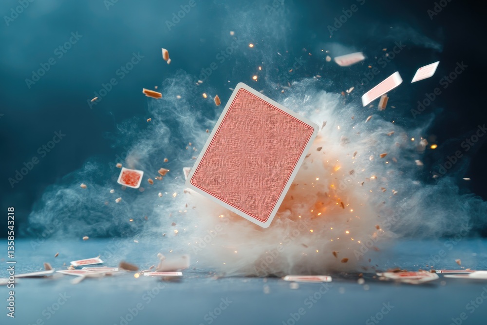 Poster bold creative image of card deck exploding into swirl of abstract shapes surrounded by dynamic light
