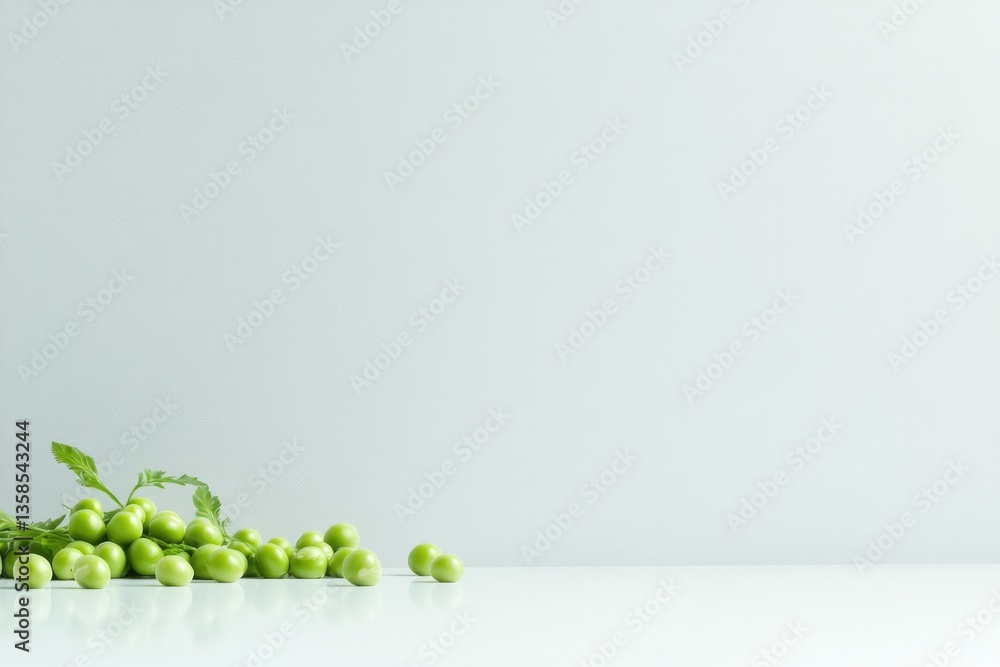 Poster bold image of vibrant green peas scattered on plain white background surrounded by subtle reflection
