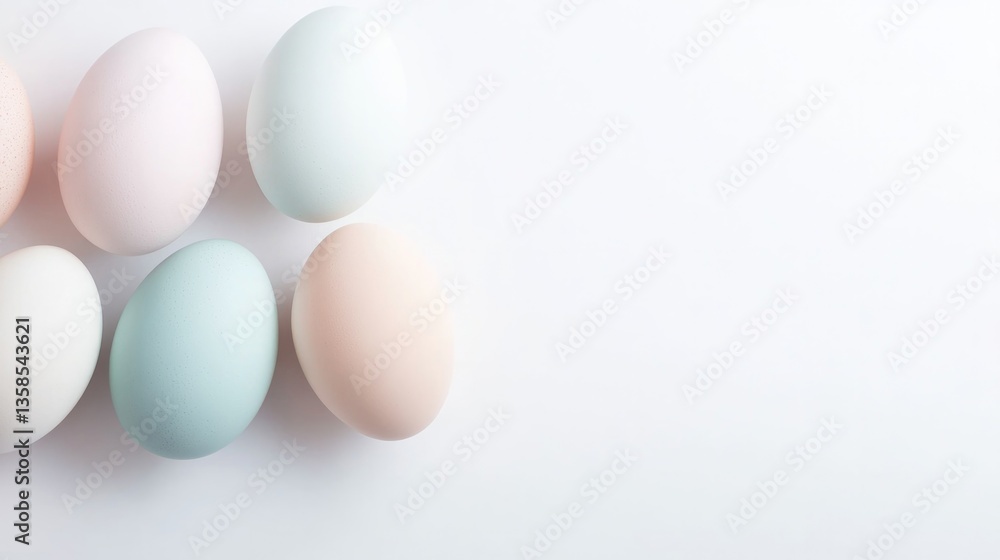 Poster clean and minimalistic view of pastel-colored easter eggs arranged on white background their smooth 
