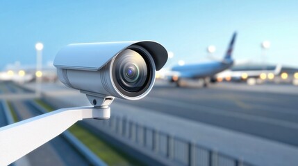 White security camera monitors airport tarmac, airplane in the background is blurred.