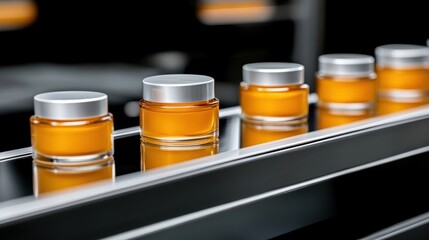 Amber cosmetic jars on a conveyor belt, ready for packaging.